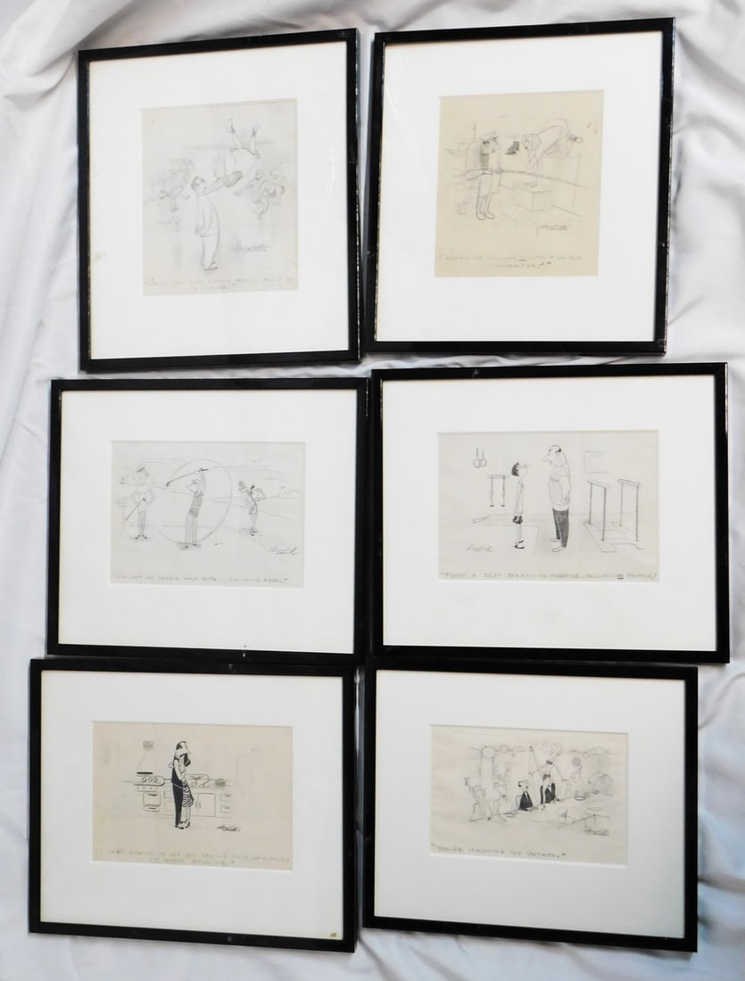 SIX ORIGINAL HANDRAWN CARTOON ILLUSTATIONS SIGNED GEORGE SMITH, 15 X 17.5 LARGEST: SIX ORIGINAL HANDRAWN CARTOON ILLUSTATIONS SIGNED GEORGE SMITH, 15 X 17.5 LARGEST