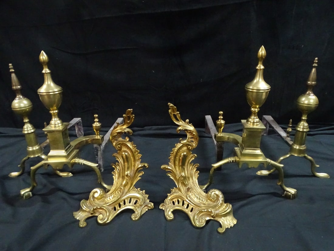 COLLECTION OF (2 PAIRS) BRASS ANDIRONS & (1) PAIR BRASS CHANETS 18 1/2" HIGH TALLEST (1 of 10)