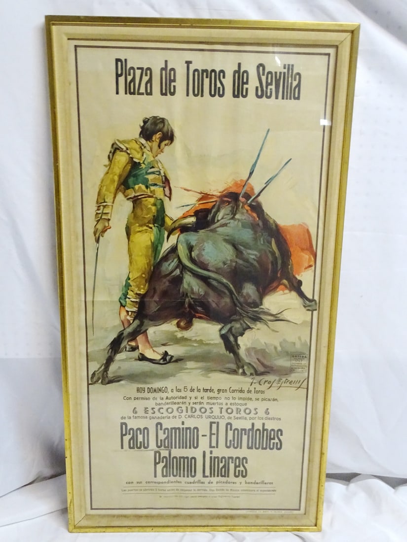 VINTAGE BULL FIGHTING POSTER "PLAZA DE TOROS DE SEVILLA" 55 1/4" X 23 1/2" OVERALL (IMAGE IS 41" X (1 of 12)