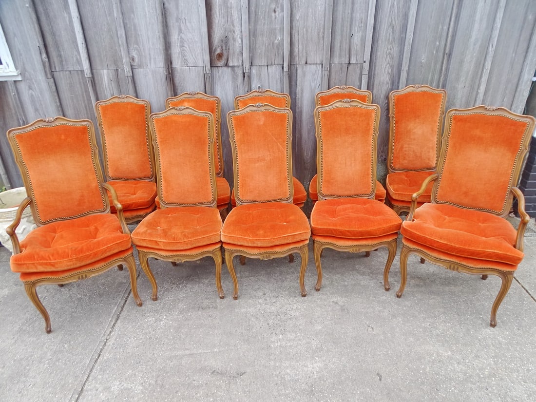 SET OF 10 LOUIS XV STYLE FRUITWOOD DINING CHAIRS (2) ARM (8) SIDE BURNT ORANGE VELVET UPHOLSTERED, (1 of 20)