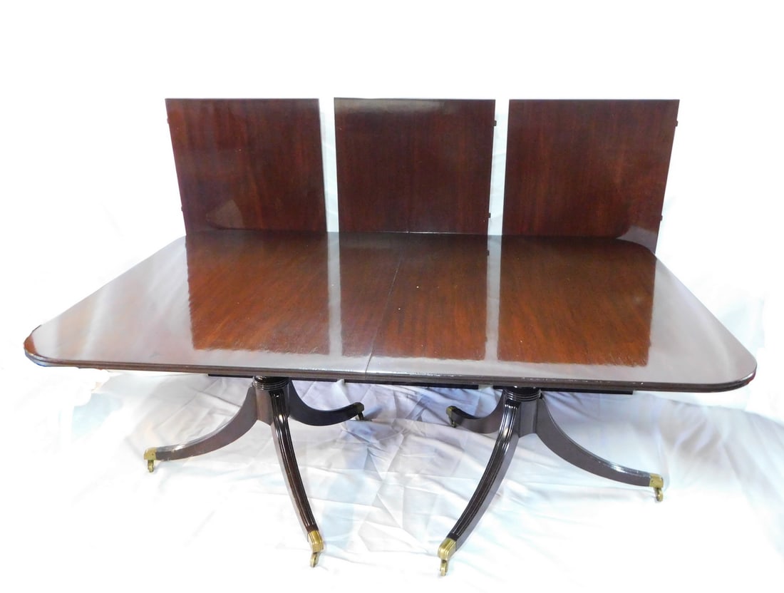 MAHOGANY DOUBLE PEDESTAL DINING TABLE W/ 3 LEAVES (24" WIDE) 29" X 71 1/2" X 50" (1 of 15)