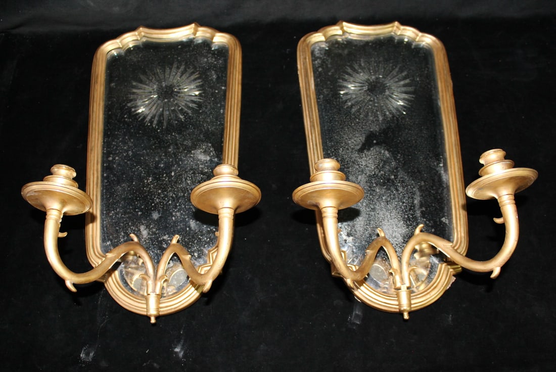 PAIR OF GILT AND MIRROR STARBURST 2 LIGHT SCONCES 18.5X9X7.5: PAIR OF GILT AND MIRROR STARBURST 2 LIGHT SCONCES 18.5X9X7.5