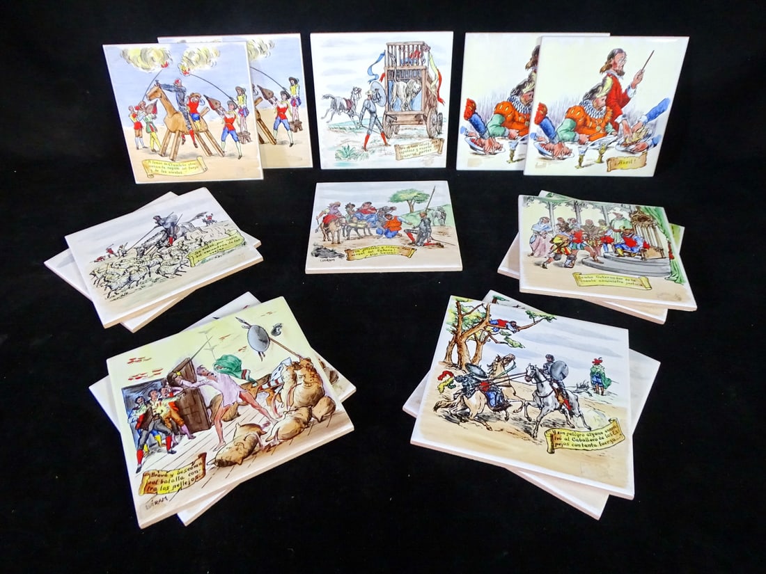 COLLECTION OF 14 DON QUIXOTE THEMED SPANISH GLAZED TERRACOTTA TILES 6" X 6" (1 of 12)