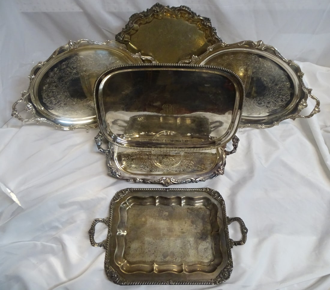 6 SILVER PLATE TRAYS INCLUDING PAIR OF OVAL 2 HANDLES TRAYS, 25X16 PAIR OF TRAYS (1 of 20)