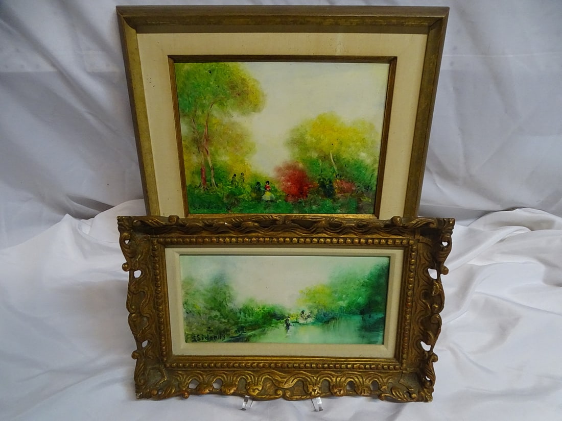 TWO S. SIDERIS SIGNED LANDSCAPES WITH FIGURES, OIL ON BOARD MASONITE 10.5 X 13.5 IMAGE, 17 X 19.5 (1 of 17)