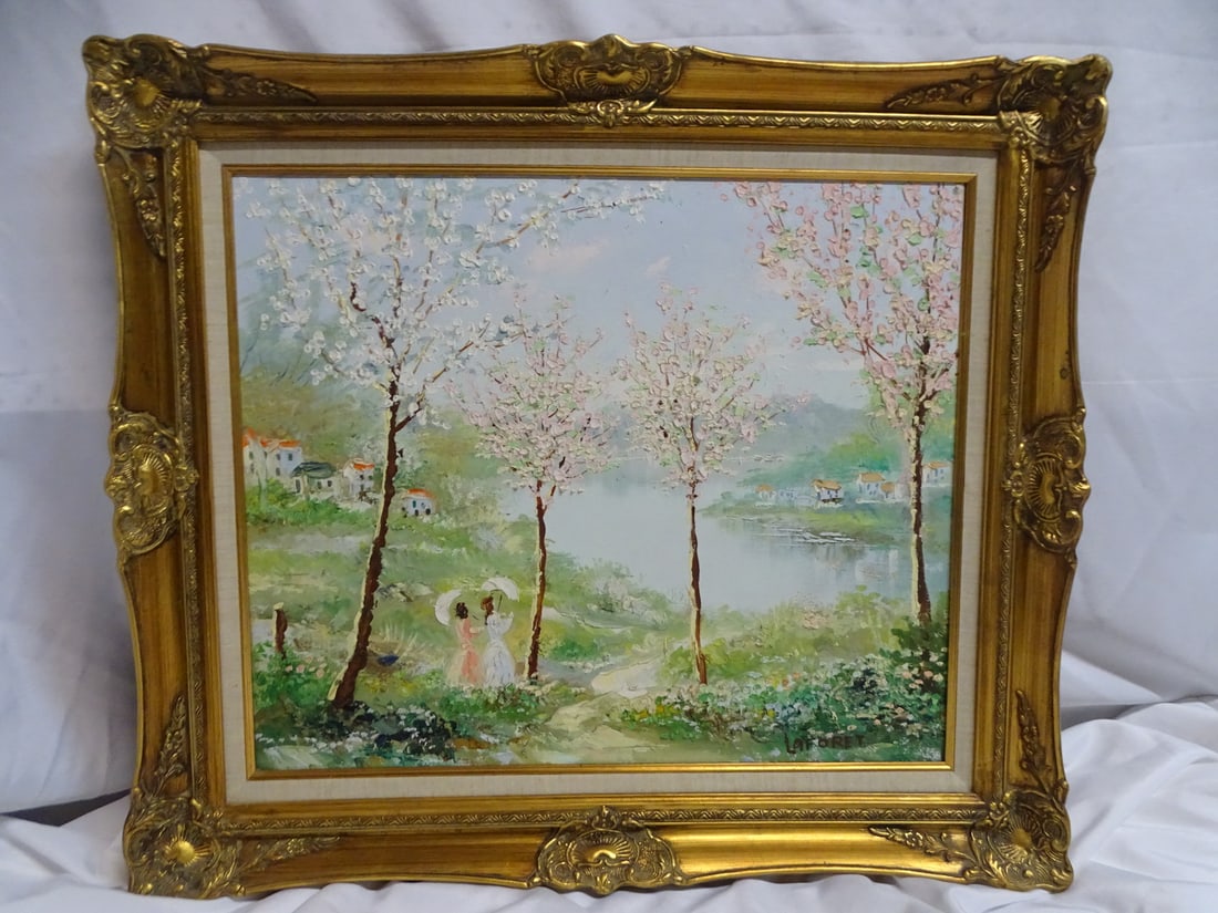 SIGNED OIL ON CANVAS "SPRING STROLE" LANDSCAPE WITH FIGURES AND DWELLINGS 19.5 X 23.5 IMAGE, 27 X 31: SIGNED OIL ON CANVAS "SPRING STROLE" LANDSCAPE WITH FIGURES AND DWELLINGS 19.5 X 23.5 IMAGE, 27 X 31 OVERALL