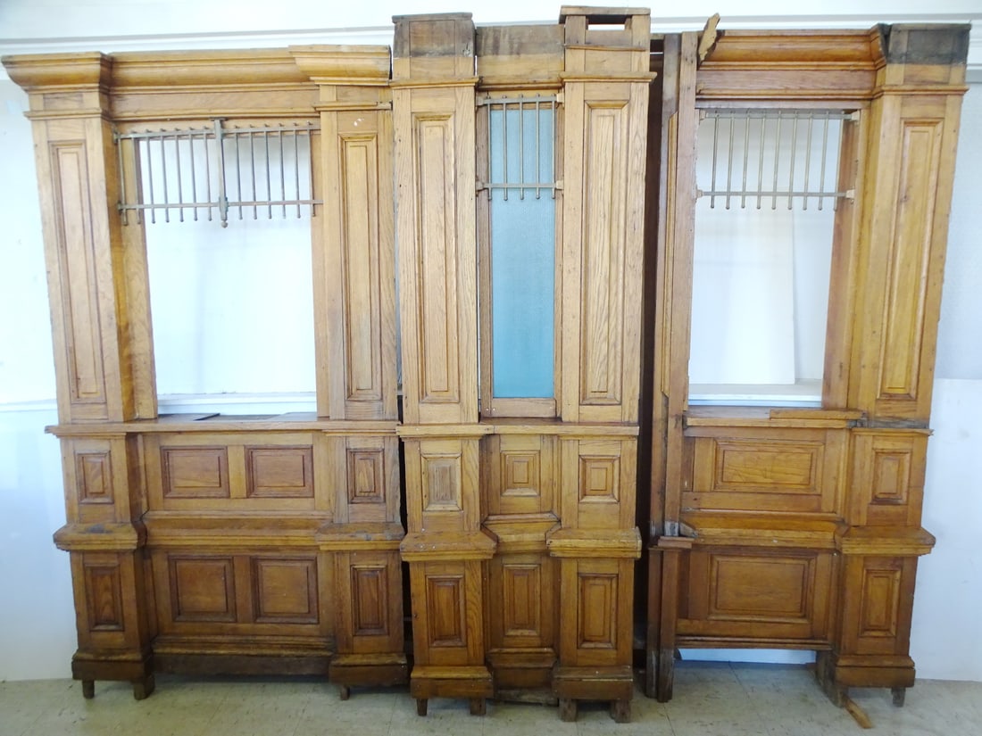 VINTAGE 1930'S POST OFFICE/BANK COUNTER W/ 2 TRANSACTION WINDOWS 86" X 107" X 11" (1 of 19)