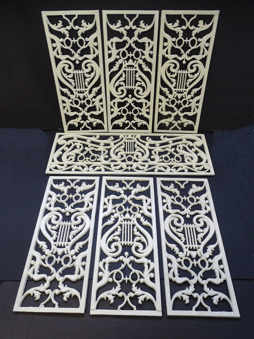 GROUP OF 7 PAINTED IRON PANELS W/ LYRE MOTIF (1) 35" X 12" (6) 24 1/2" X 10 1/4" (1 of 11)