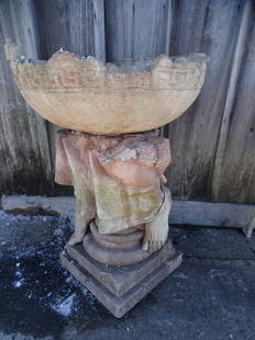 DEEP CONCRETE BIRD BATH W/ GREEK RUIN BASE 33 1/2" X 023/" WIDE: DEEP CONCRETE BIRD BATH W/ GREEK RUIN BASE 33 1/2" X 023/" WIDE