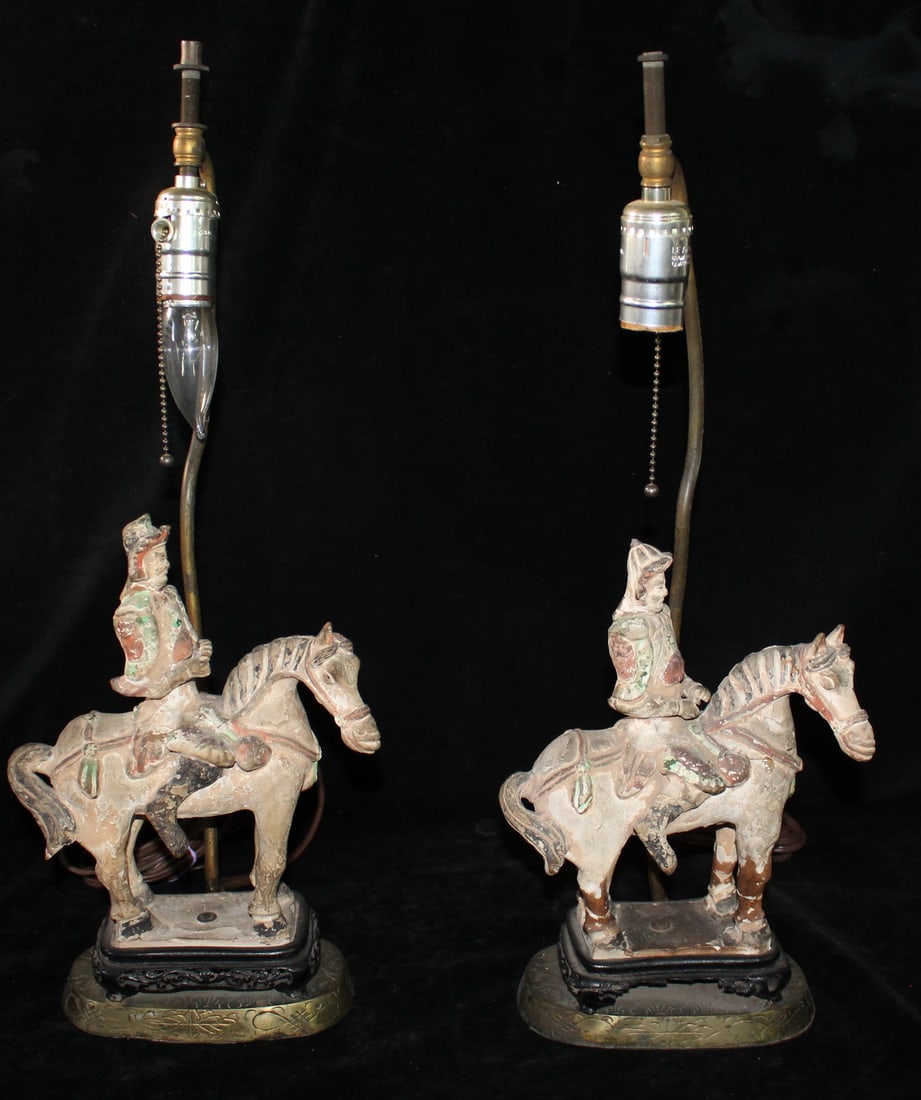 PAIR OF ANTIQUE ASIAN TERRACOTTA FIGURES ON HORSEBACK LAMPS (1 of 13)