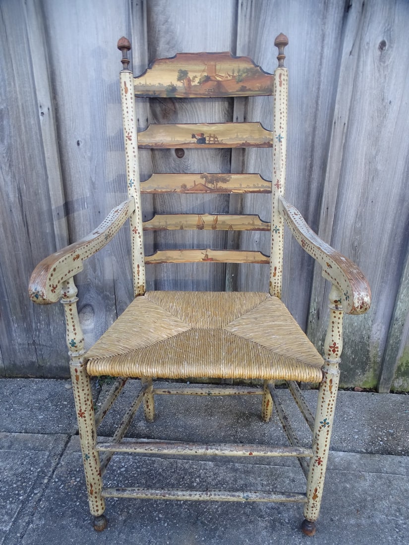 ANTIQUE PAINT DECORATED LADDER BACK RUSH SEAT ARMCHAIR 46" X 23" X 23" (1 of 18)