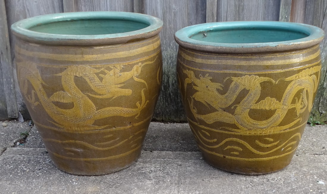 NEAR PAIR DRAGON MOTIF POTTERY PLANTERS, LARGEST 20" HIGH X 20" DIA. (1 of 9)