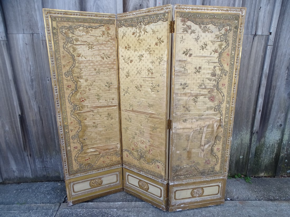 FRENCH SILK EMBROIDERED GILT AND PAINT DECORATED 3 PANEL SCREEN 56 3/4' X 53 1/2" (1 of 20)