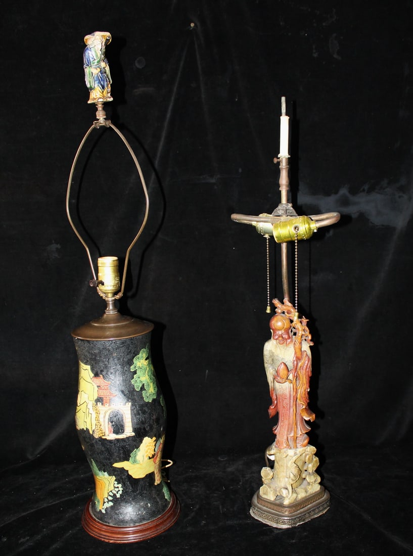 TWO VTG. ASIAN TABLE LAMPS; ONE IS FIGURAL SOAPSTONE & ONE IS PAINTED METAL W/LANDSCAPE MOTIF - (1 of 17)