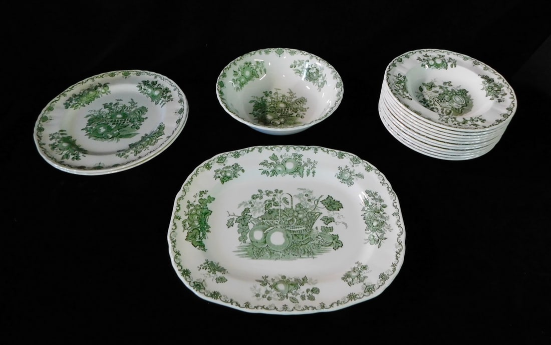 MASON'S "FRUIT BASKET" IRON STONE DISHWARE W/ GREEN FRUIT MOTIF - 15 PCS.. (1 of 12)