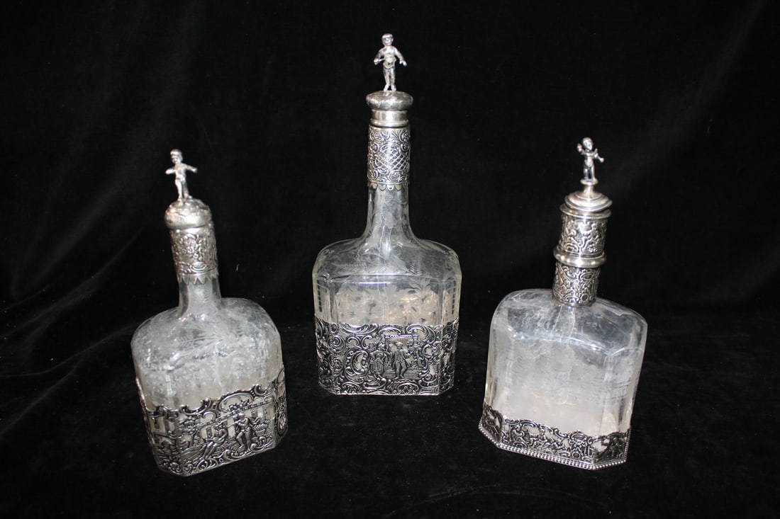 LOT OF 3 DUTCH SILVER AND CRYSTAL DECANTERS   10.5 TALLEST (1 of 13)
