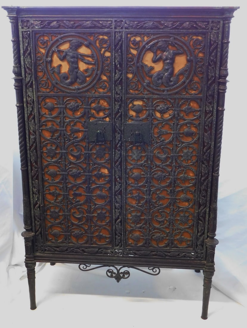 ORNATE OSCAR BACH STYLE BRONZE TWO DOOR CABINET (MARBLE TOP MISSING) - 46" H X 29.5" W X 14.5" D (1 of 17)