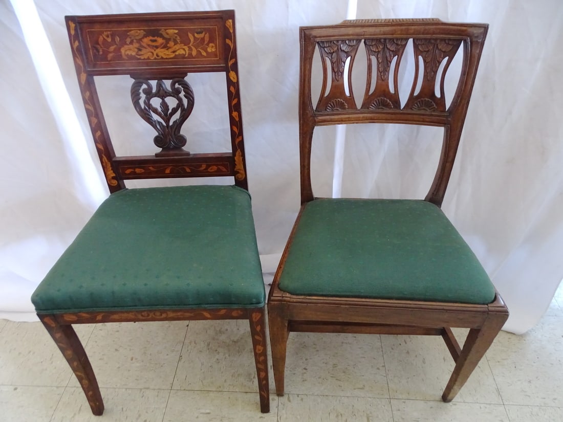 TWO LIKE UPHOLSTERED ANTIQUE SIDE CHAIRS, ONE CARVED WALNUT, ONE DUTCH MARQUETRY, 33.75 X 19 X 17 (1 of 14)