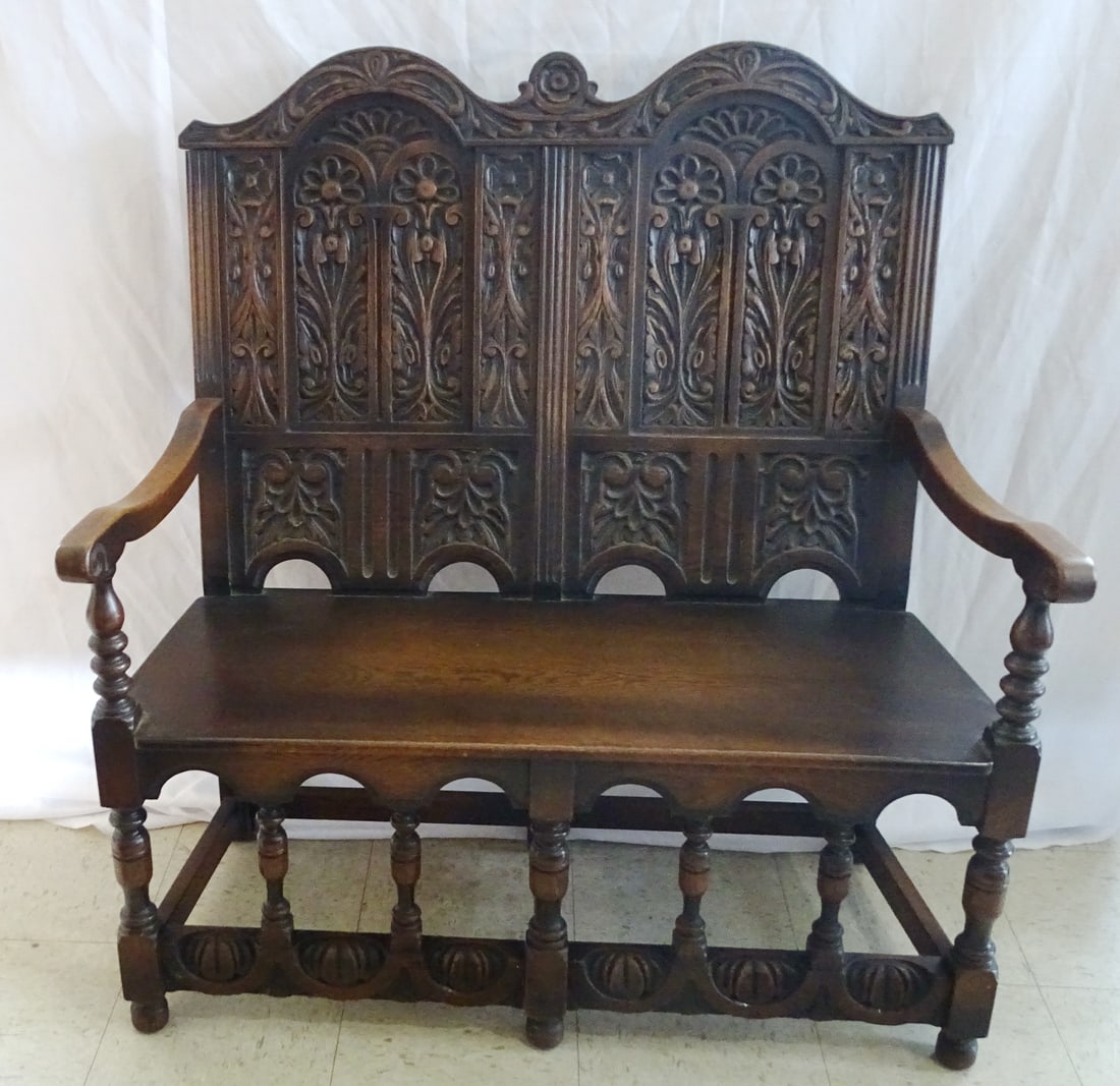 ANTIQUE JACOBEAN STYLE CARVED WALNUT SETTEE 50 X 29 X 31 (1 of 18)