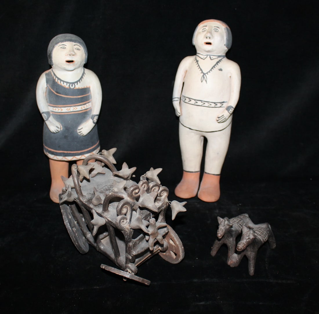 PAIR OF KACHINAS AND TWO PIECES OF FOLK ART POTTERY, 13" TALLEST (1 of 13)