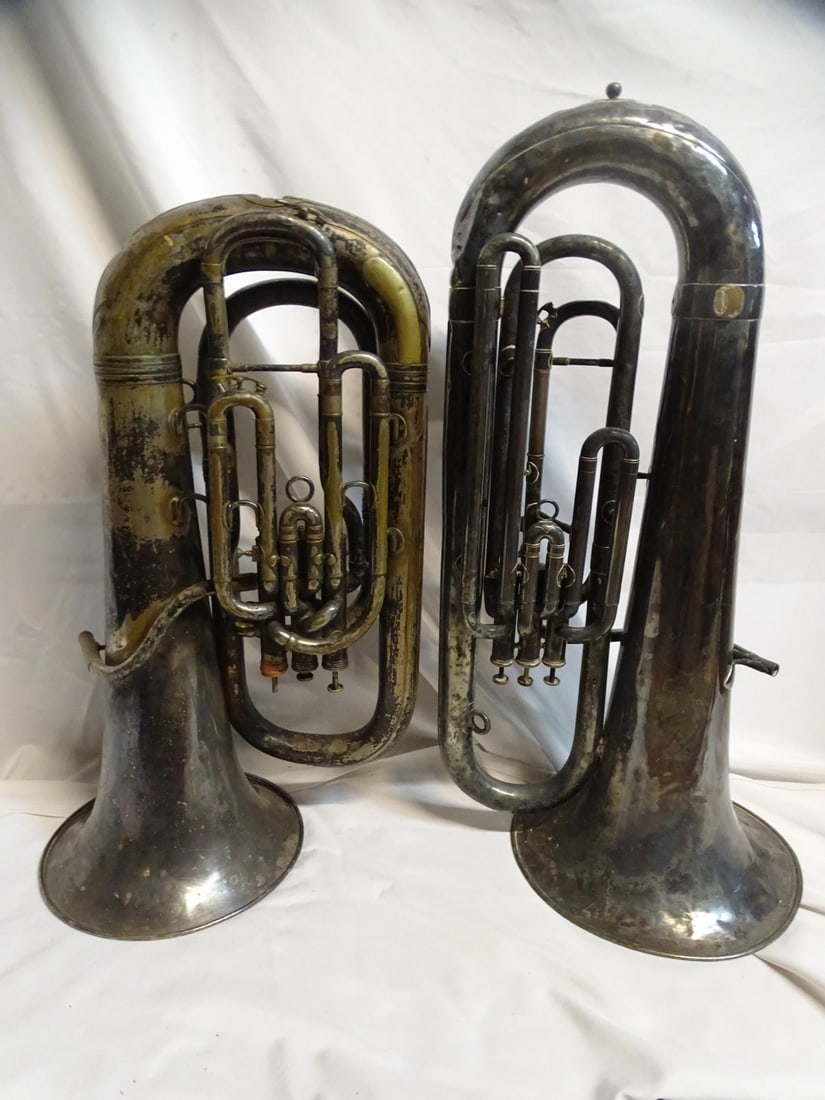 TWO ANTIQUE TUBAS, 33.5 X 16 X 14 LARGEST (1 of 18)