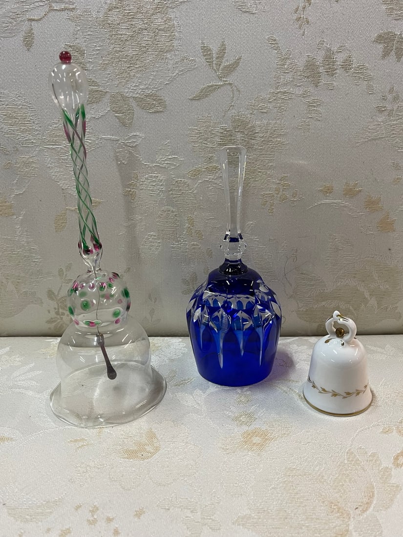 GROUP OF THREE VINTAGE GLASS / PORCELAIN BELLS - INCL. A BOHEMIAN COBALT BLUE CUT TO CLEAR BELL - 3 (1 of 10)