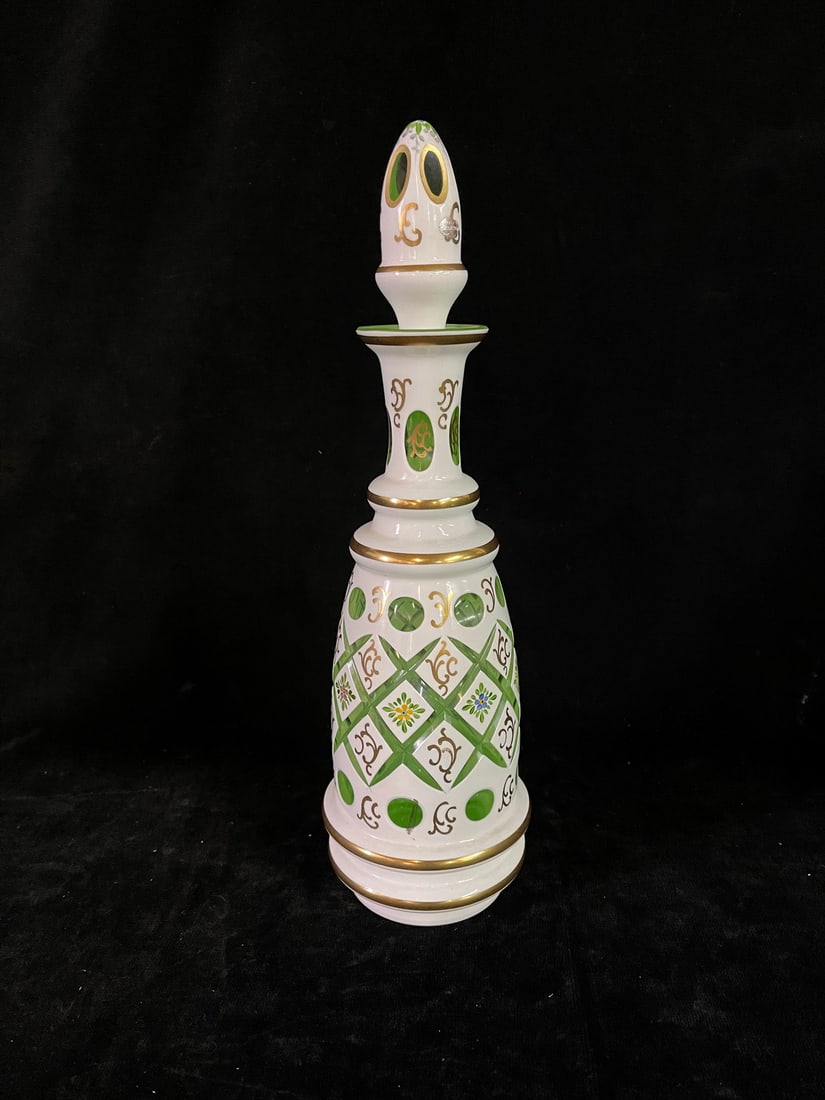 VINTAGE BOHEMIAN WHITE OVERLAY CUT TO GREEN DECANTER - 14" H (1 of 7)