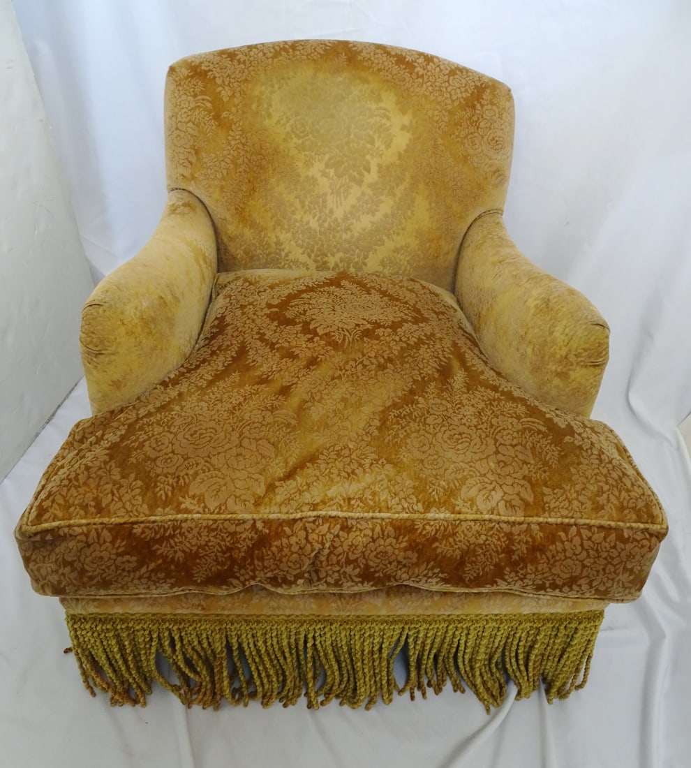 GOLD CHENILLE CLUB CHAIR WITH DOWN SEAT AND BOULLION FRINGE - 33" H X 33" W X 43" D (1 of 14)