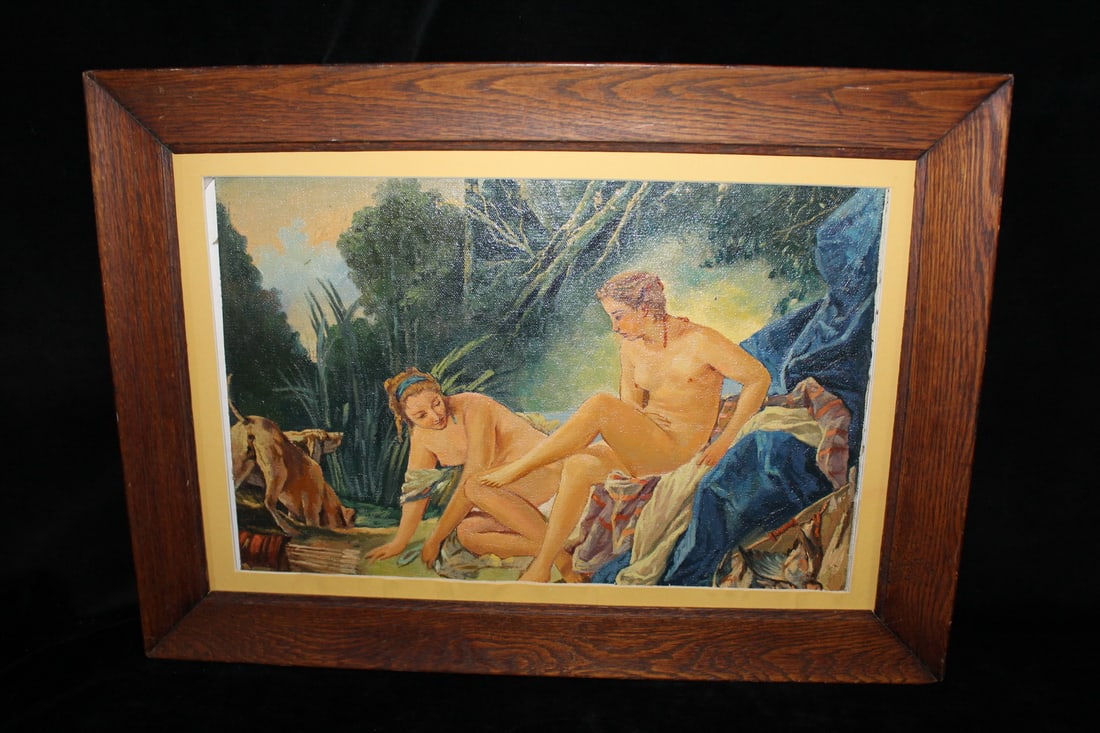 ACRYLIC ON CANVAS MOUNTED TO MASONITE IN OAK FRAME, LADIES BATHING. 10 X 16 IMAGE, 15.5 X 21.5: ACRYLIC ON CANVAS MOUNTED TO MASONITE IN OAK FRAME, LADIES BATHING. 10 X 16 IMAGE, 15.5 X 21.5