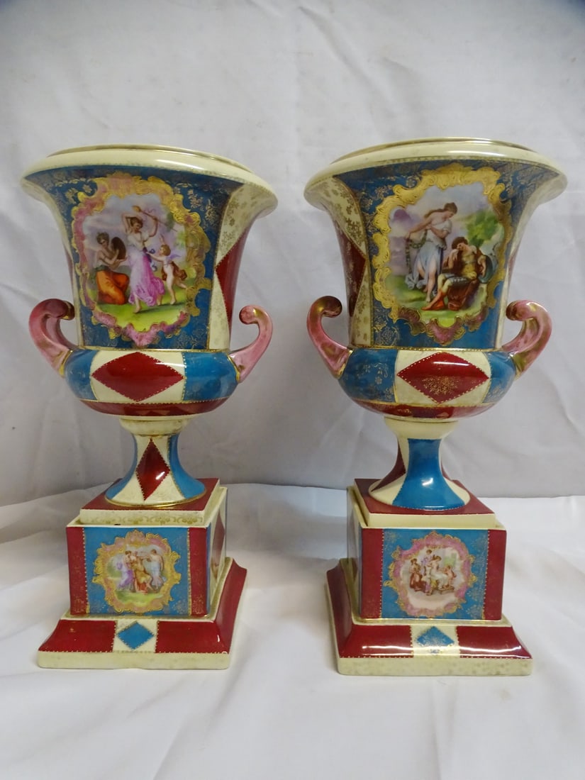 PAIR OF ROYAL VIENNA PORCELAIN URNS ON STANDS 16" HIGH (1 of 19)