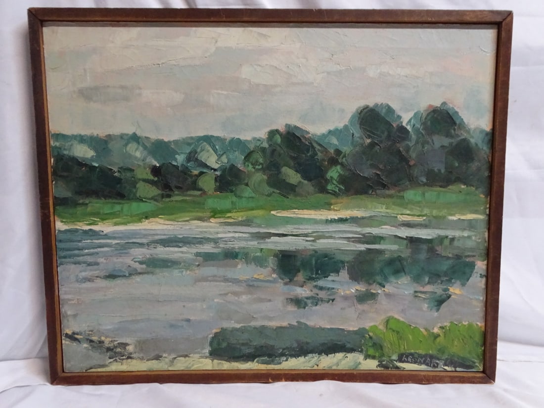 IMPRESSIONIST PAINTING OF WATER SCENE, OIL ON CANVAS, SIGNED LEONARD. 25.5X31.5 OVERALL (1 of 10)