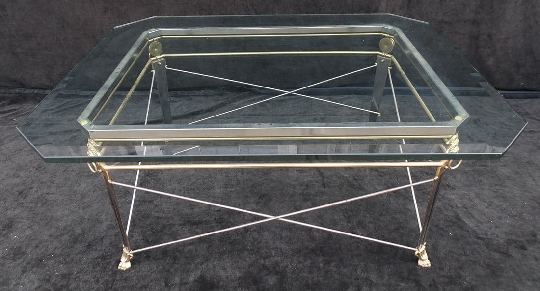 BRASS & BRUSHED STEEL GLASS TOP COCKTAIL TABLE WITH FIGURAL LION MOUNTS 17.5" X 39.5" 31.5" (1 of 6)