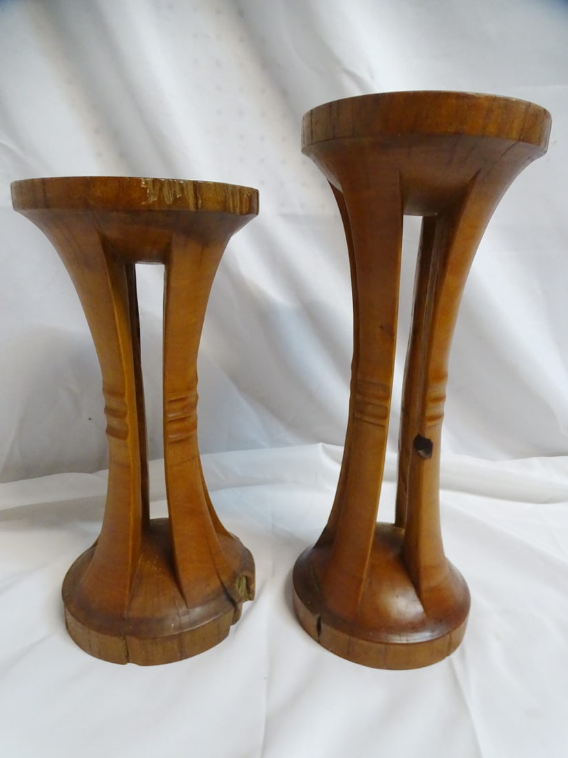 2 CARVED WOOD TEAK STANDS 18 1/2" X 7 3/4" DIA. TALLEST CHIP ON ONE (1 of 15)