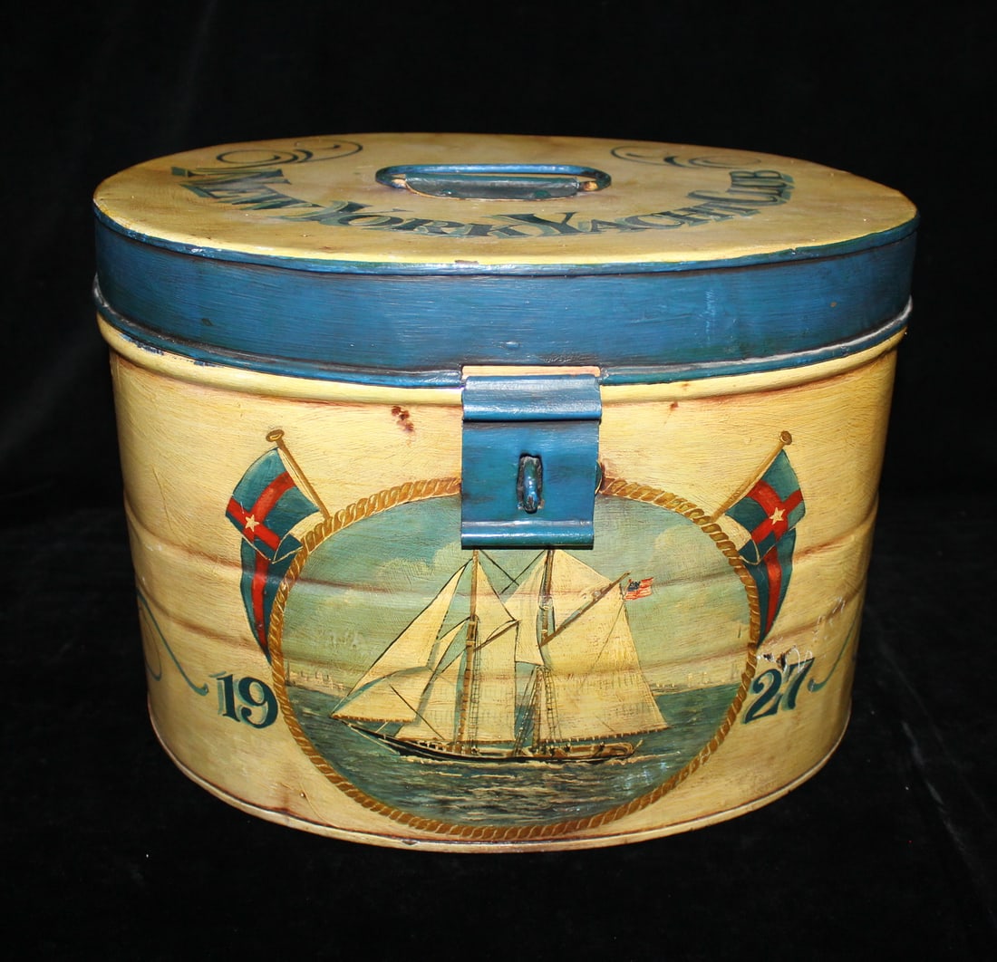 VINTAGE METAL HAT BOX WITH MARITIME MOTIF, 10.25 X 14.75 X 12.5 (1 of 12)