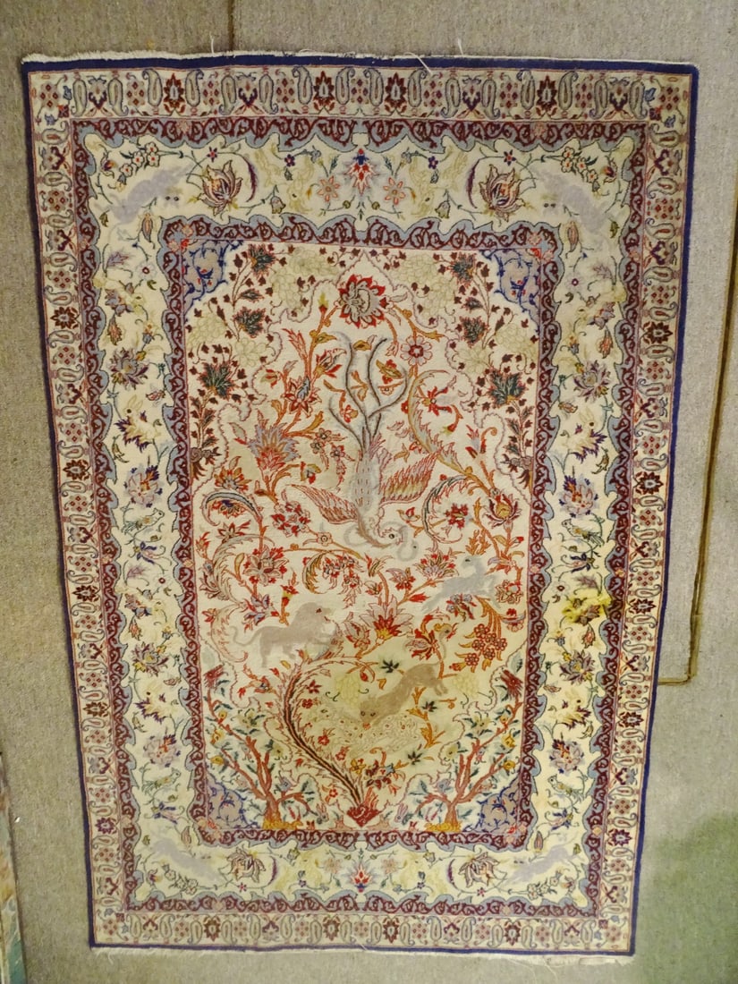 WOOL AND SILK ISFAHAN ORIENTAL RUG WITH ANIMAL FIGURES 5'1 X 3'4 (1 of 14)