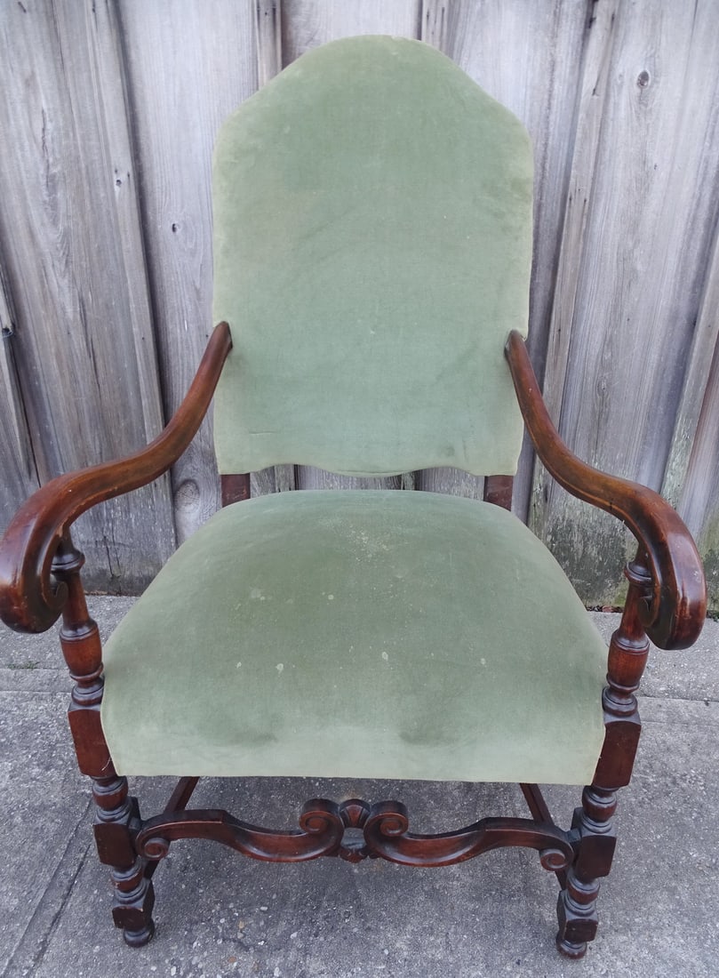 VELVET UPHOLSTERED HIGH BACK WALNUT OPEN ARM CHAIR 46 1/2" 26" X 31" (1 of 12)
