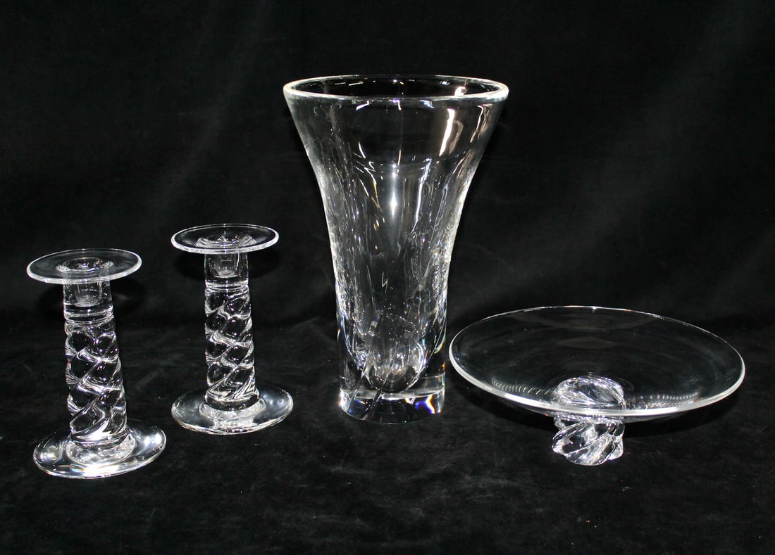 STEUBEN ROPE TWIST CANDLESTICKS, BOWL (SMALL CHIP ON FOOT), AND ROSE VASE 4 PIECES. 11X7.5 LARGEST (1 of 10)