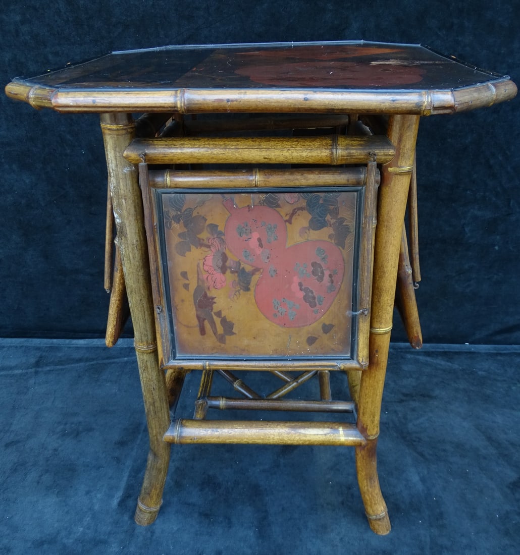 JAMES SHOOLBRED & CO LONDON BAMBOO STAND/TABLE 28.5" X 22" X 22" PARTIAL PANEL MISSING: JAMES SHOOLBRED & CO LONDON BAMBOO STAND/TABLE 28.5" X 22" X 22" PARTIAL PANEL MISSING