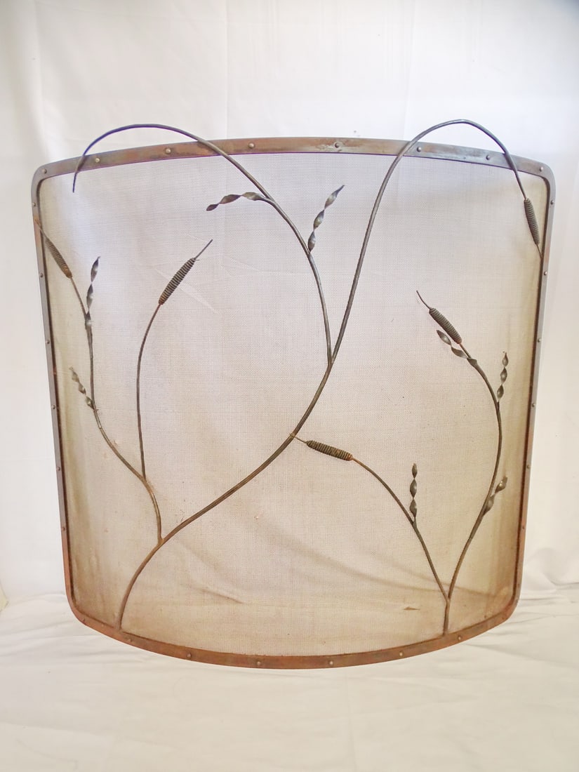 FIRE SCREEN W/ CATTAIL PLANT MOTIF 38" X 43": FIRE SCREEN W/ CATTAIL PLANT MOTIF 38" X 43"
