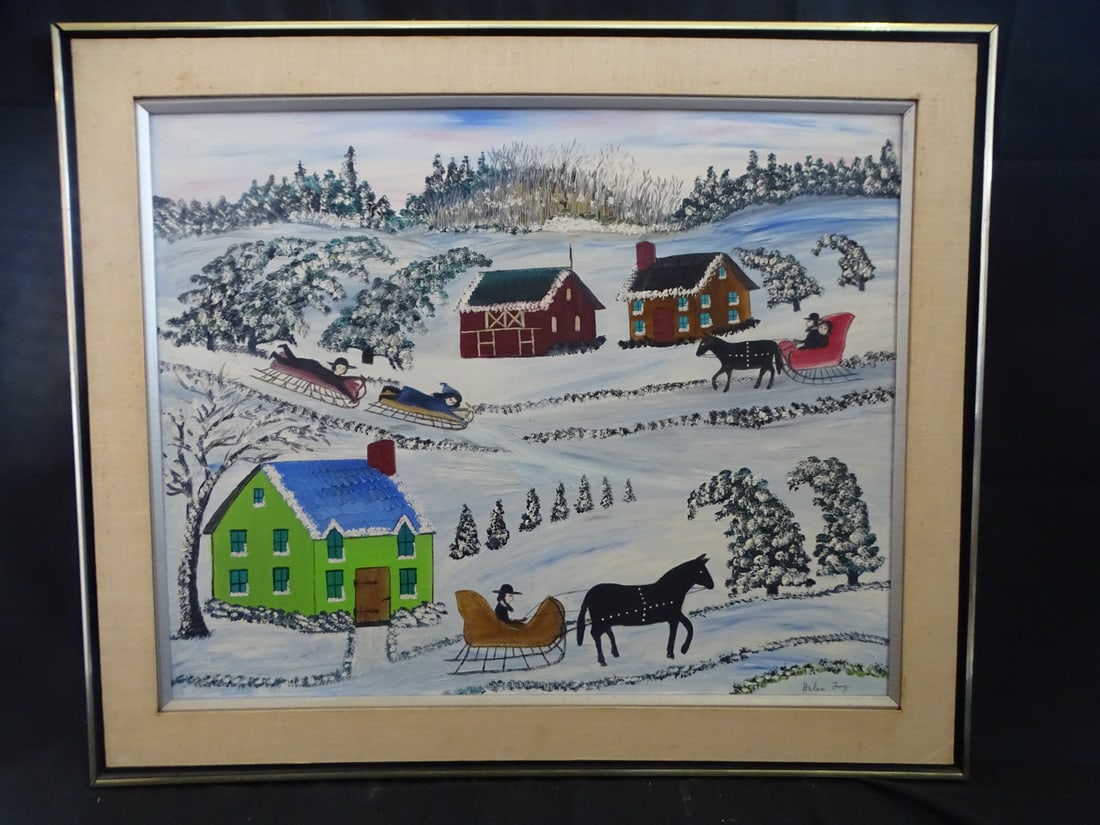 HELEN FOY SIGNED OIL ON CANVAS, FOLK ART WINTER LANDSCAPE, 24 X 29 IMAGE, 30 X 36 OVERALL (1 of 14)