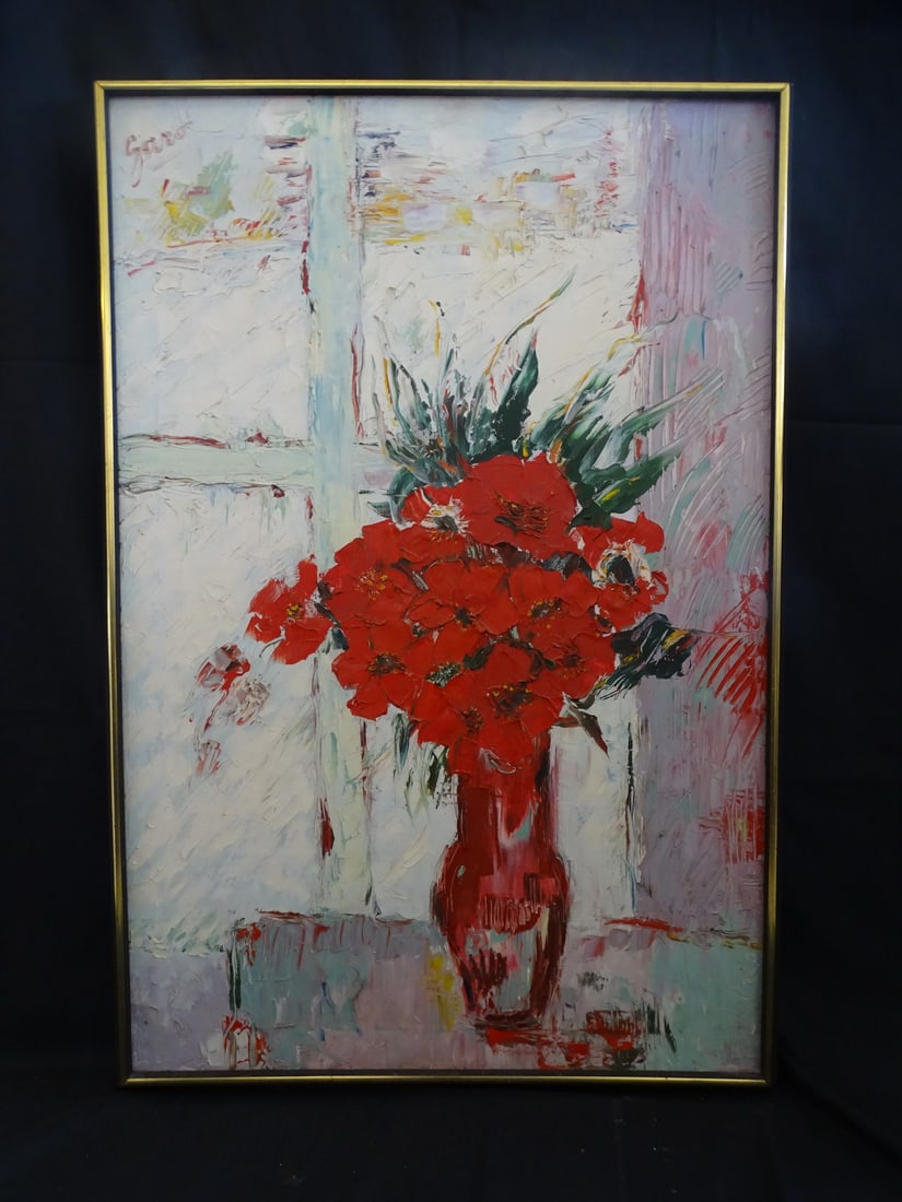 GARO SIGNED MIDCENTURY OIL ON CANVAS IMPRESSIONIST STILL LIFE, 35.5 X 23.5 IMAGE, 37.5 X 25.25: GARO SIGNED MIDCENTURY OIL ON CANVAS IMPRESSIONIST STILL LIFE, 35.5 X 23.5 IMAGE, 37.5 X 25.25