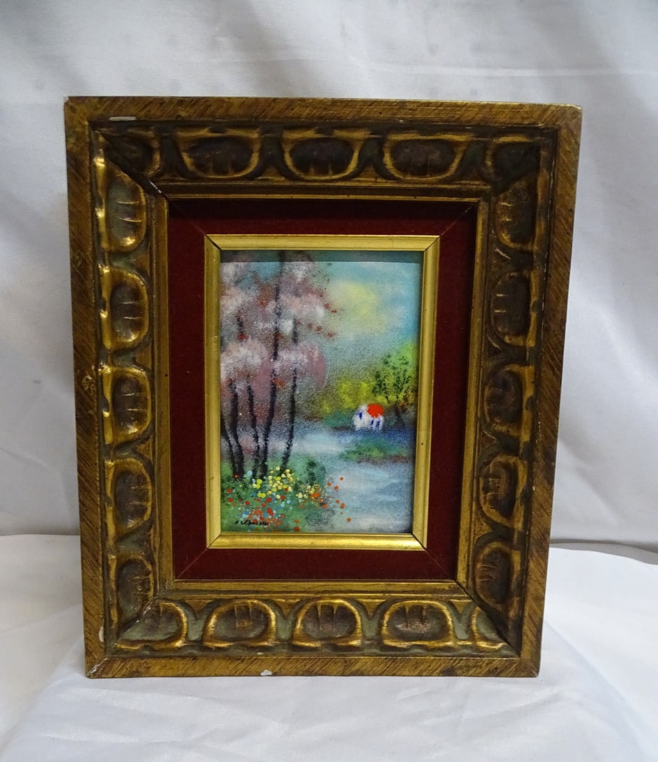 ENAMEL ON COPPER, SIGNED FLEMING, "LANDSCAPE WITH COTTAGE" 4.5 X 6.5 IMAGE, 12 X 10 OVERALL (1 of 8)