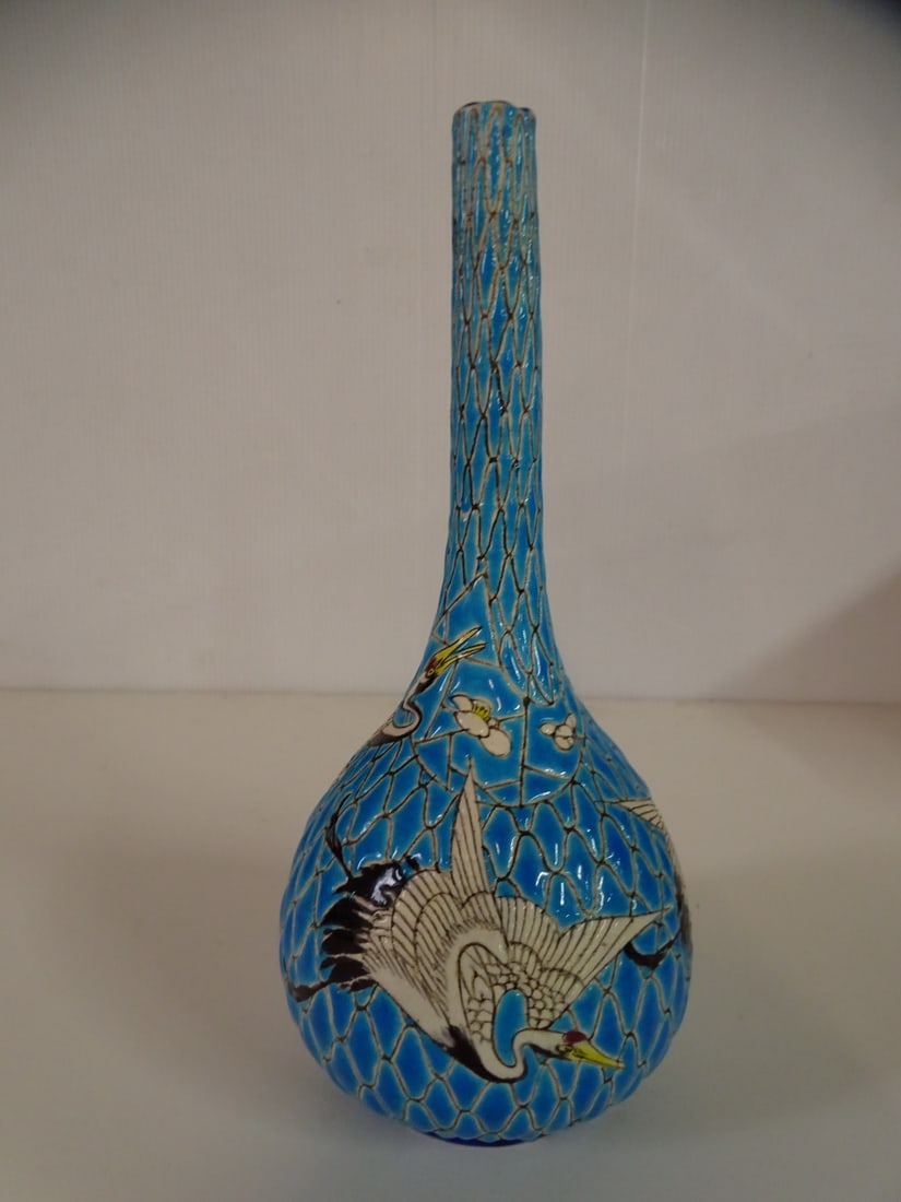JAPANESE KYOTO SATSUMA POTTERY VASE IN BLUE WITH CRANES, 9.5"H: JAPANESE KYOTO SATSUMA POTTERY VASE IN BLUE WITH CRANES, 9.5"H