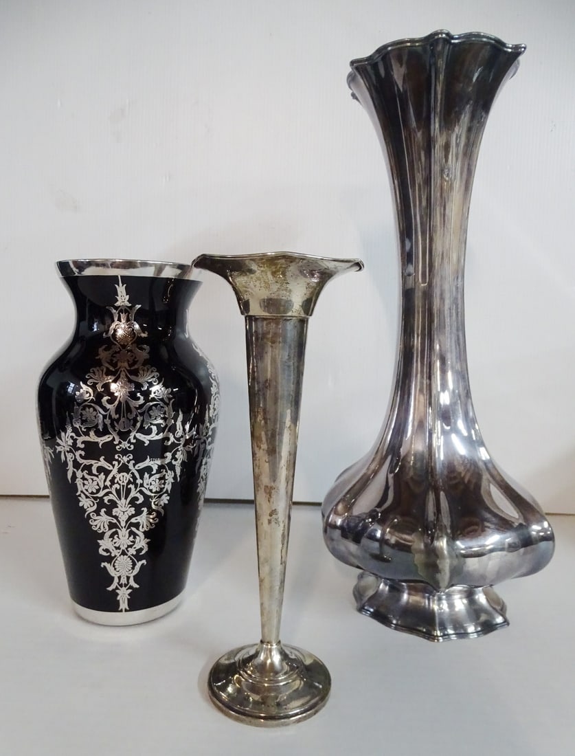 3 VASES INC. WEIGHTED STERLING, SILVER OVERLAY AND SHEFFIELD PLATE PHILIP ORIEL VASE  15 3/4" (1 of 15)