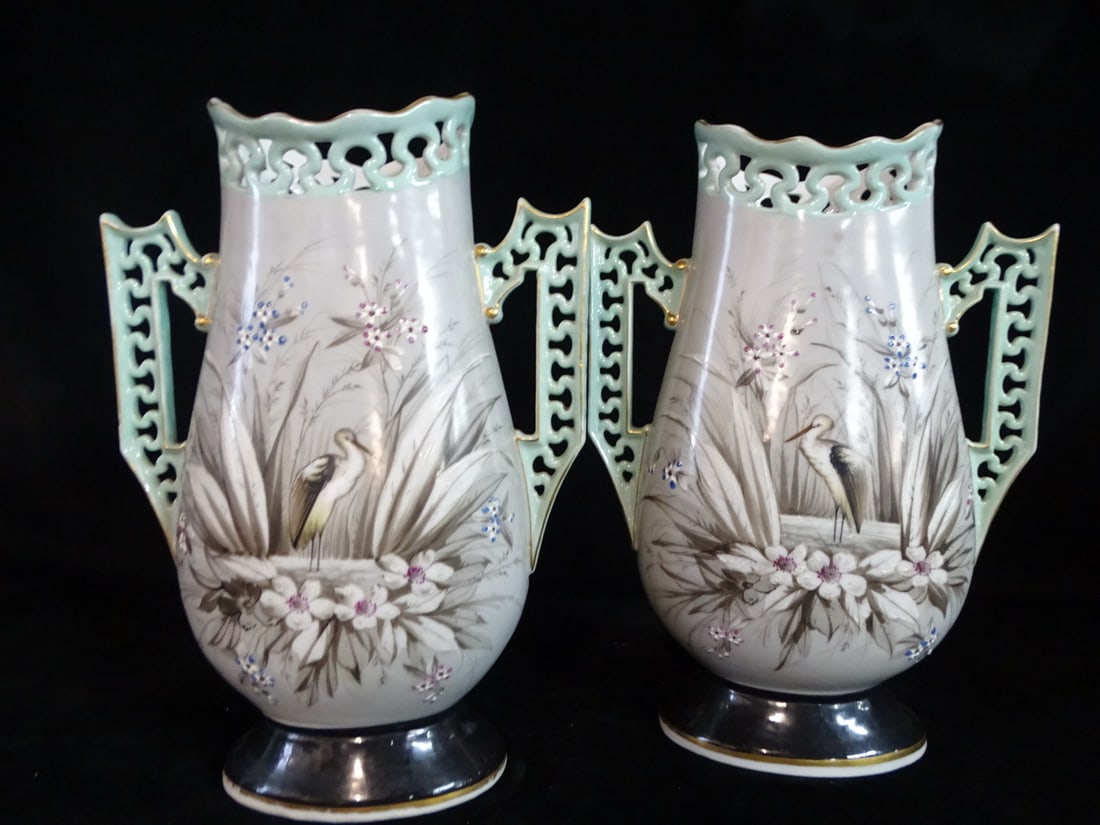 PAIR HAND PAINTED 2 HANDLE PORCELAIN VASES W/HERON MOTIFS 14 3/4" X 10" X 4 1/2" (1 of 13)