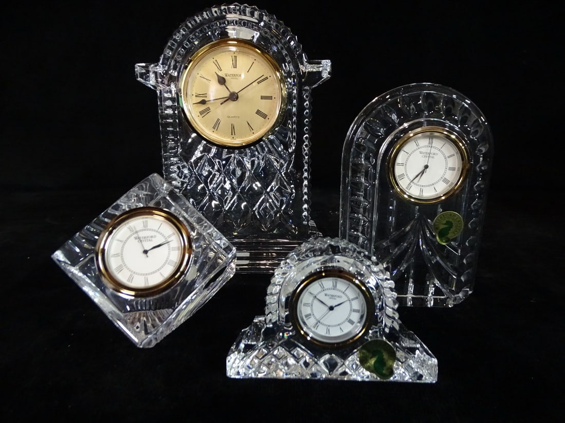 GROUP OF 4 WATERFORD CRYSTAL CLOCKS 7" HIGH TALLEST: GROUP OF 4 WATERFORD CRYSTAL CLOCKS 7" HIGH TALLEST