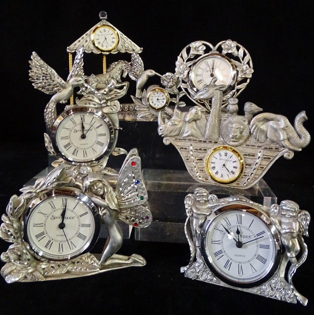 GROUP OF 7 SPOONTIQUE PEWTER MINIATURE CLOCKS INC. HUMMINGBIRDS AND NOAHS ARK 5 1/4" HIGH TALLEST (1 of 10)