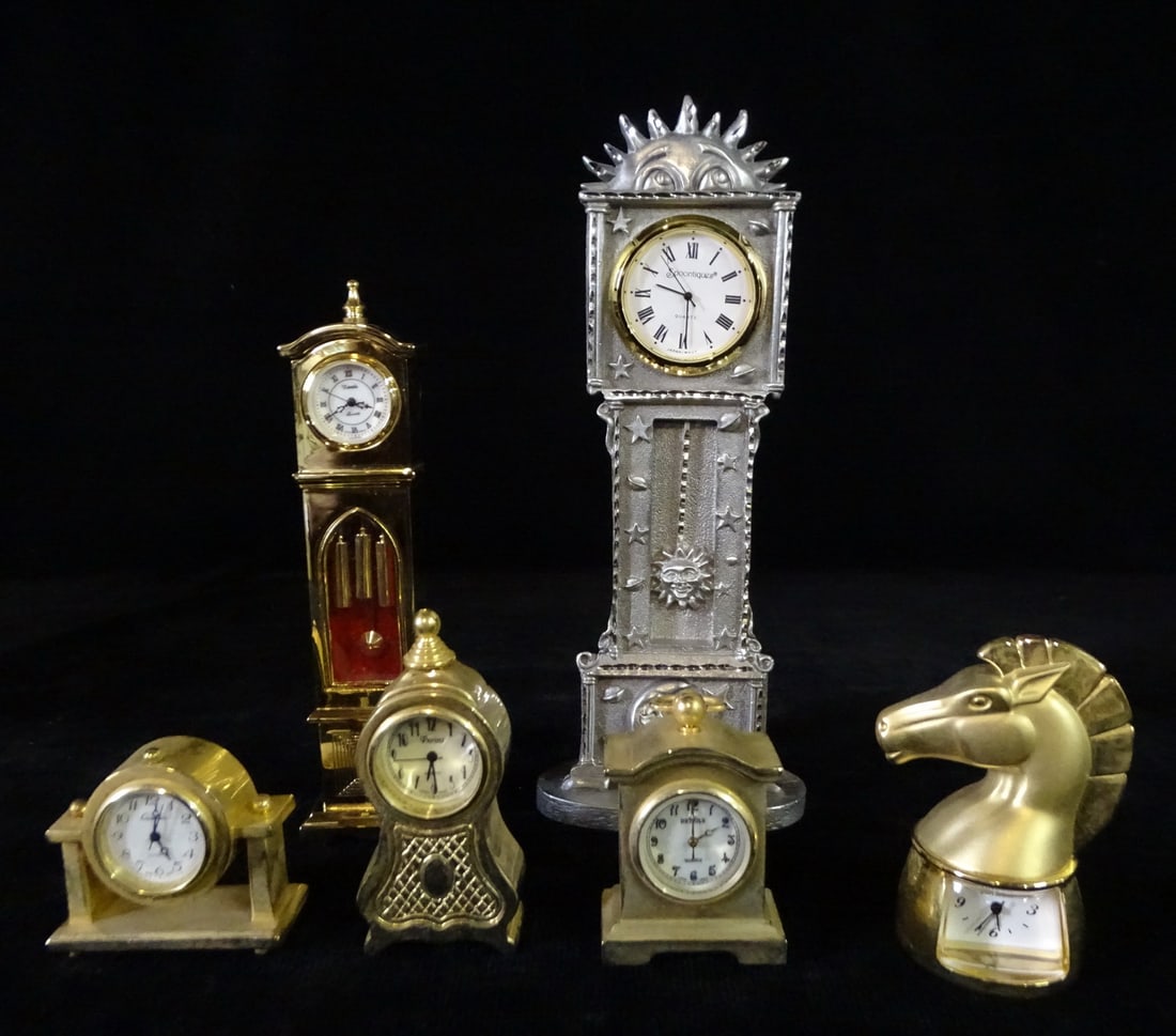 GROUP OF 6 MINIATURE CLOCKS (5) BRASS AND (1) PEWTER 6 3/4" HIGH TALLEST (1 of 11)