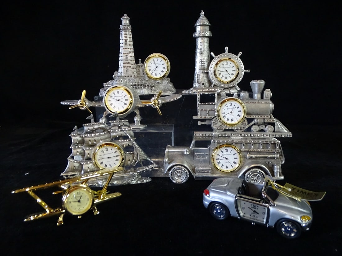 GROUP OF 8 MINIATURE CLOCKS INC. (2) TIMEX COLLECTIBLE CAR (3 1/2" LONG) AND PLANE (1 of 18)