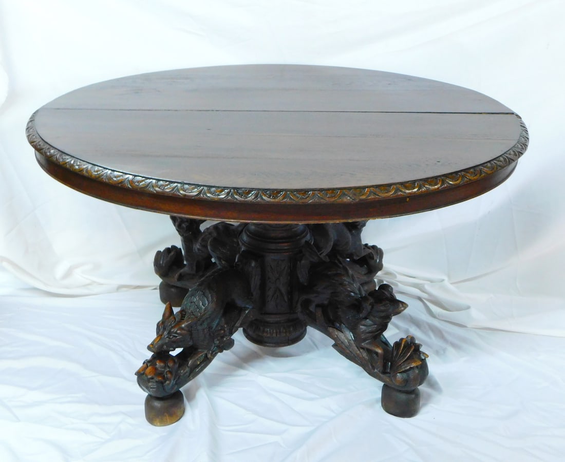 19C FIGURAL CARVED ANTIQUE BLACK FOREST HUNTING OAK DINING TABLE  29X50.5X44 (1 of 16)
